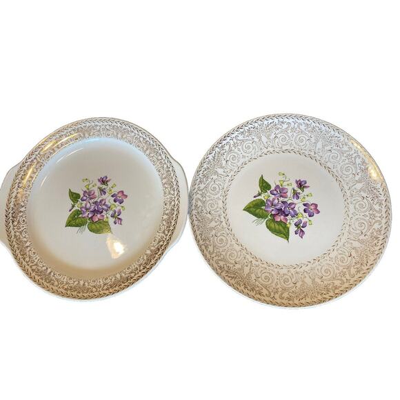Vintage Cunningham & Pickett Spring Violet Cake Plate Dinner 2 Plate Set 22 KT - Picture 1 of 16